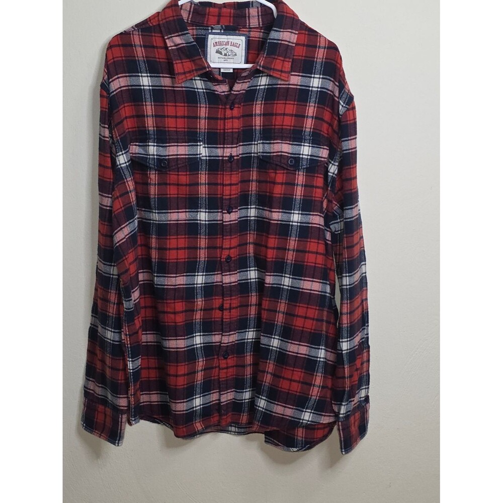 American Eagle Outfitters Red and Navy Plaid Button-Down Shirt